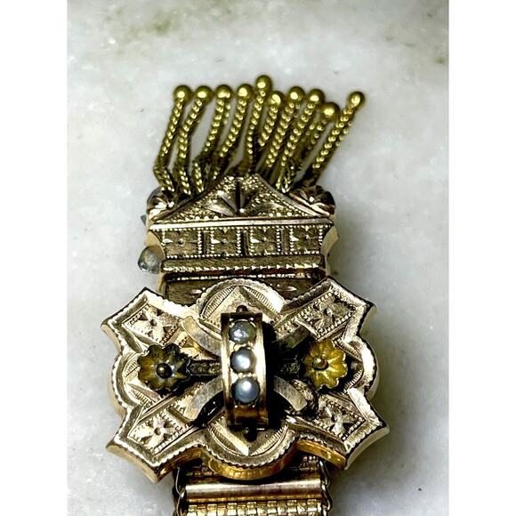 Antique Victorian Etruscan Revival Tassel Slide Bracelet Seed Pearl Gold Filled - Picture 11 of 16